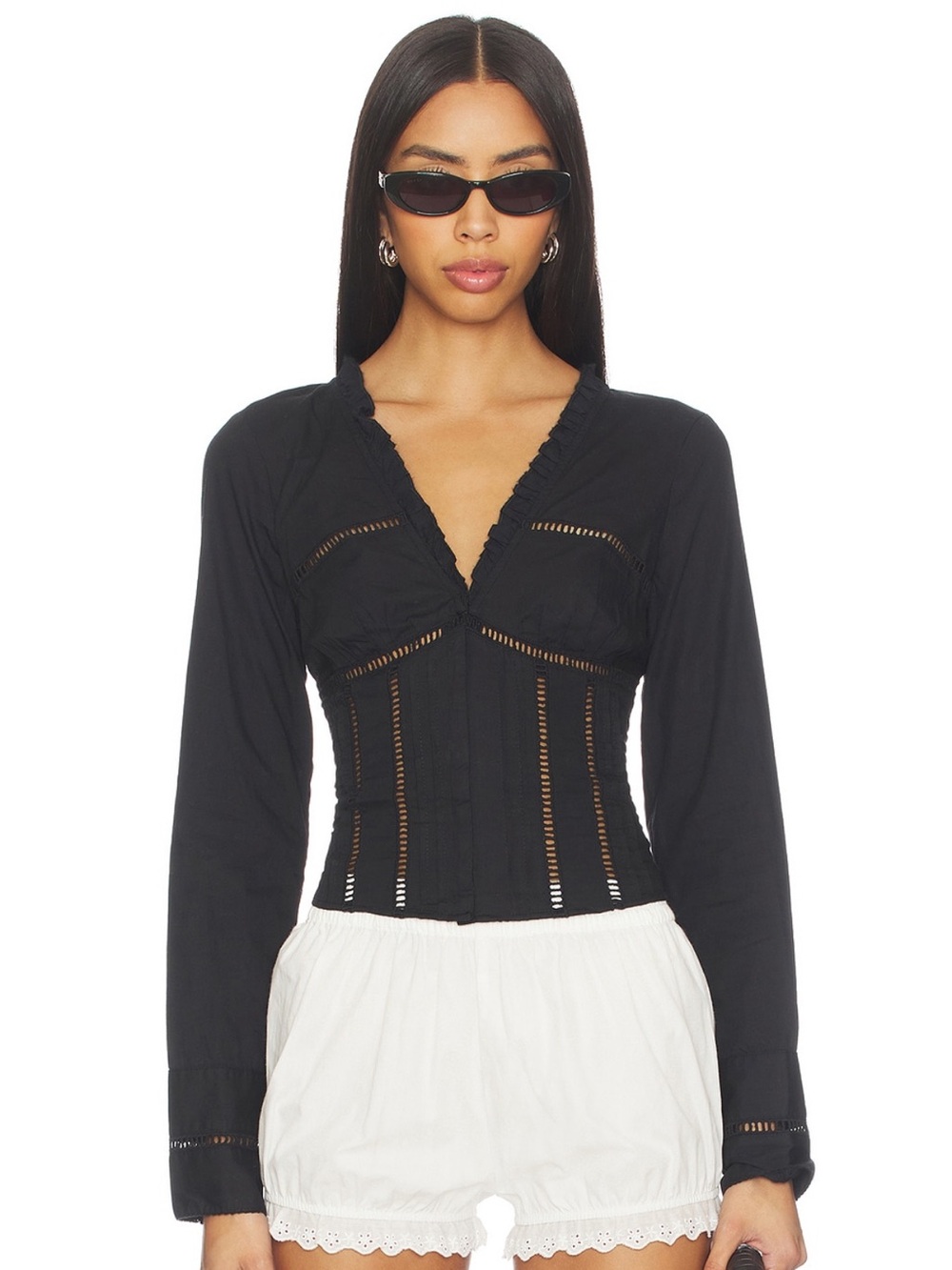 Free People Black Ruffle-Trim Peplum Blouse